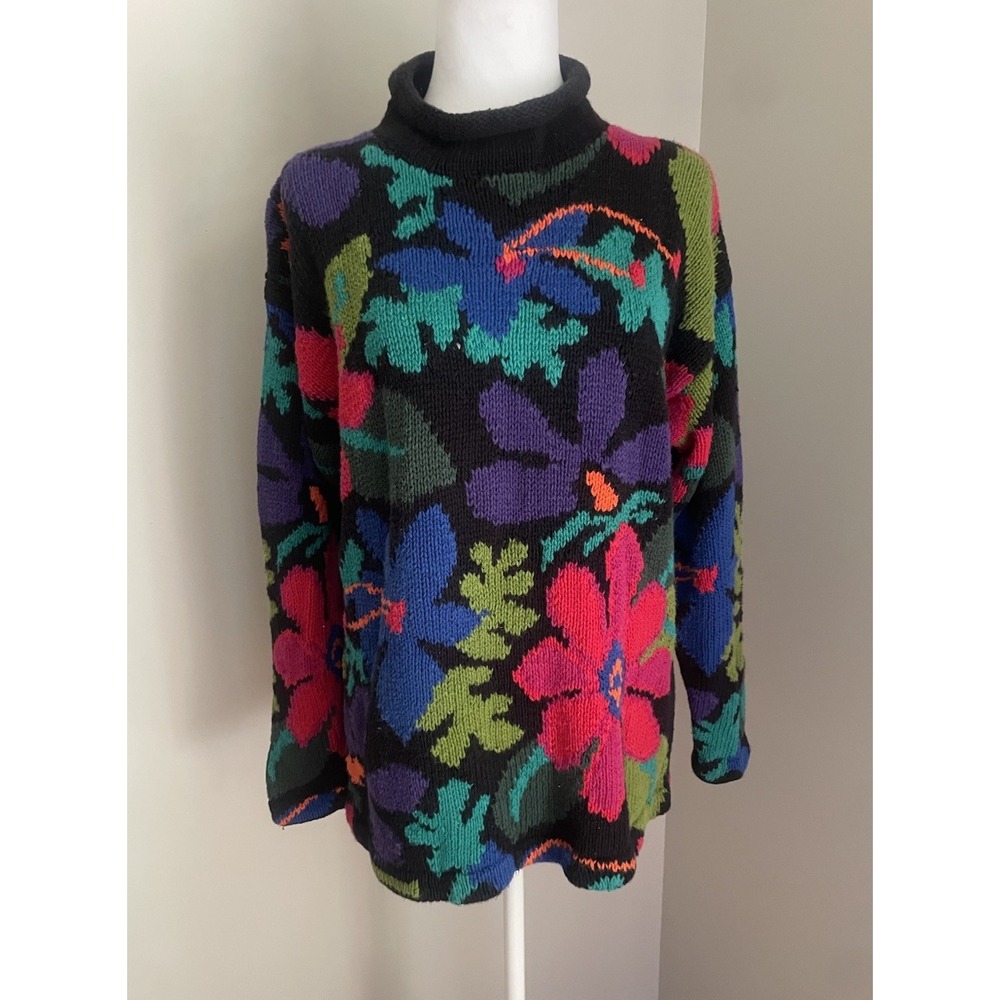 Hand Knit The Limited Women S Sweater Bright Floral 90s Roll Neck Artsy Rare VTG